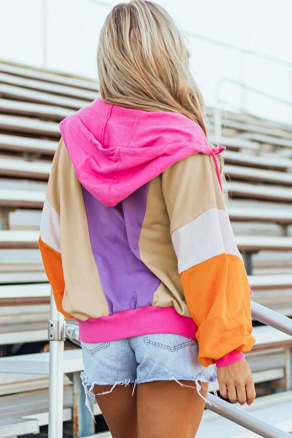 Drawstring Color Block Zip Up Long Sleeve Hoodie - Trendsi - Flyclothing LLC