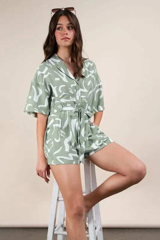 VERY J Oversized Printed Button Down Resort Romper - Trendsi - Flyclothing LLC