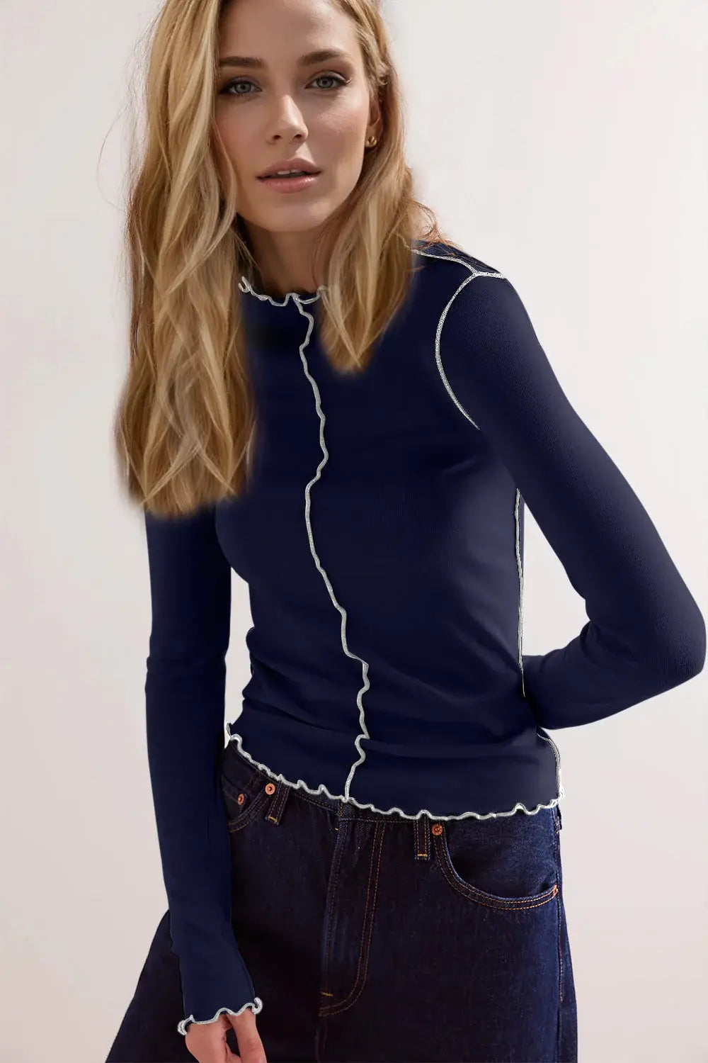 Basic Bae Contrast Trim Mock Neck Long Sleeve T-Shirt - ShopBasicbae - Flyclothing LLC