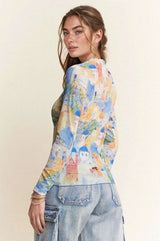 Davi & Dani Multi Printed Mesh Round Neck Long Sleeve Top - Trendsi - Flyclothing LLC