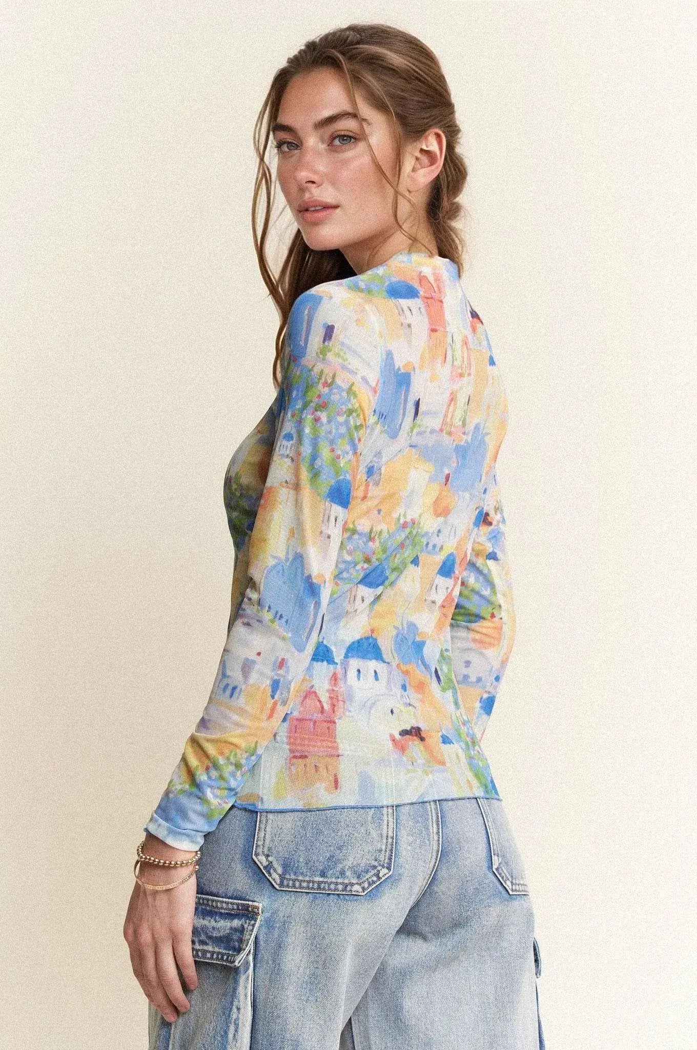 Davi & Dani Multi Printed Mesh Round Neck Long Sleeve Top - Trendsi - Flyclothing LLC