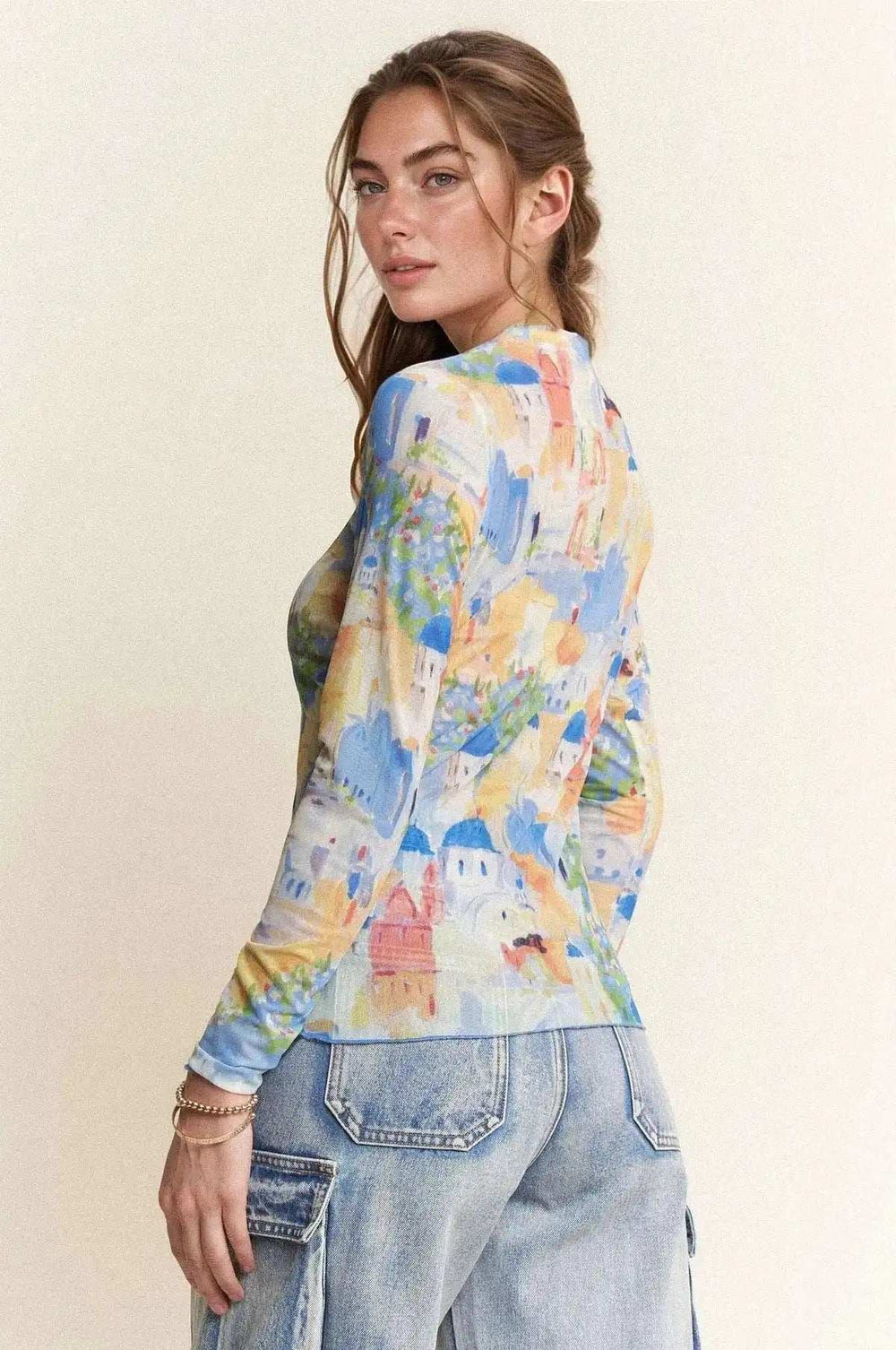 Davi & Dani Multi Printed Mesh Round Neck Long Sleeve Top - Trendsi - Flyclothing LLC