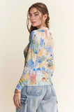 Davi & Dani Multi Printed Mesh Round Neck Long Sleeve Top - Trendsi