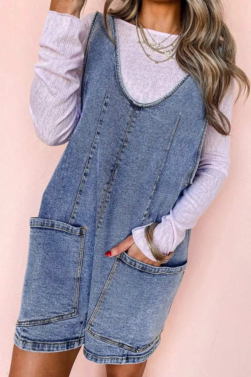 U Neck Patched Pocket Denim Overalls - Trendsi - Flyclothing LLC