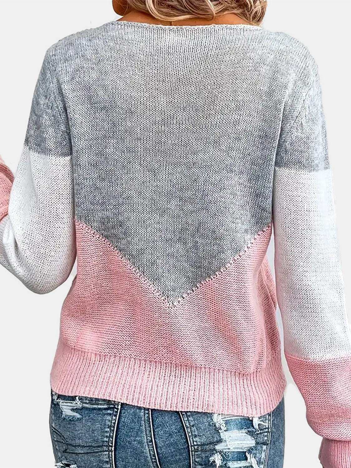 Openwork Contrast Round Neck Long Sleeve Knit Top - Trendsi - Flyclothing LLC