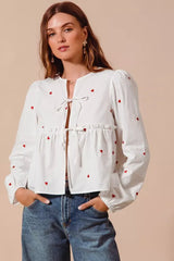 SO ME Front Tie Heart Embroidered Blouse With Puff Sleeve - Trendsi - Flyclothing LLC