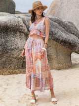 Printed V-Neck Top and Midi Skirt Set - Trendsi - Flyclothing LLC