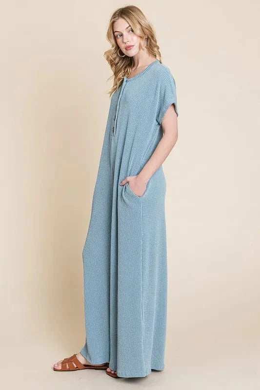 BOMBOM Rib Knit Jumpsuit with Button Detail - Trendsi - Flyclothing LLC