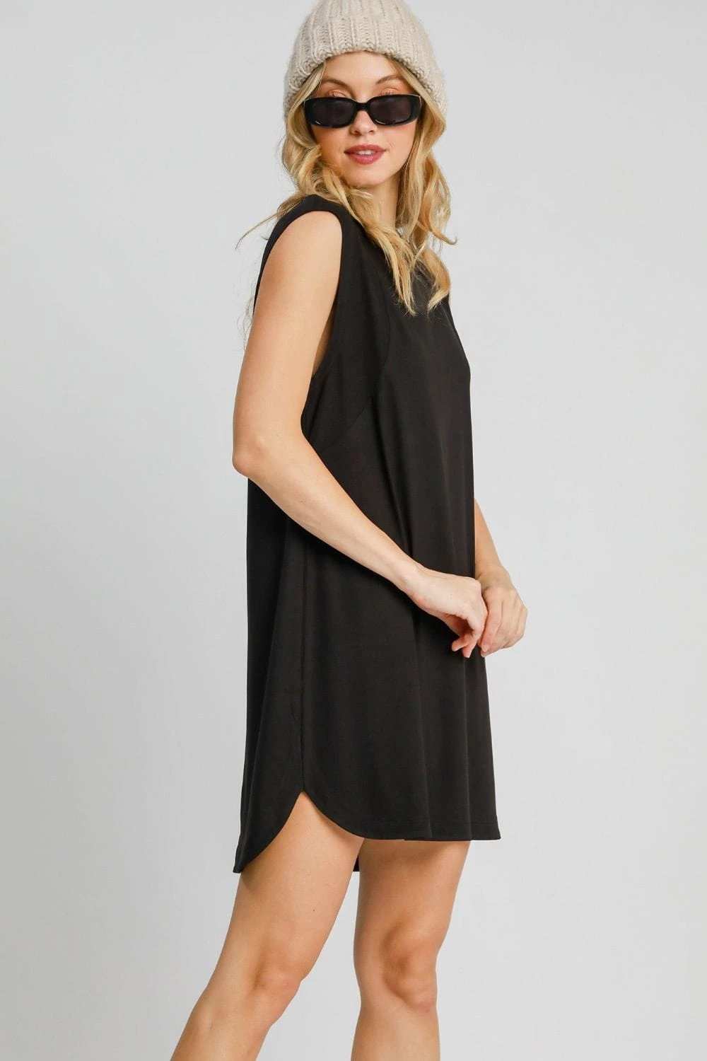 Umgee Round Neck Sleeveless High-Low Curved Hemline Mini Dress - Trendsi - Flyclothing LLC