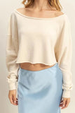 HYFVE Frayed Detail Boat Neck Long Sleeve Crop Top - Trendsi