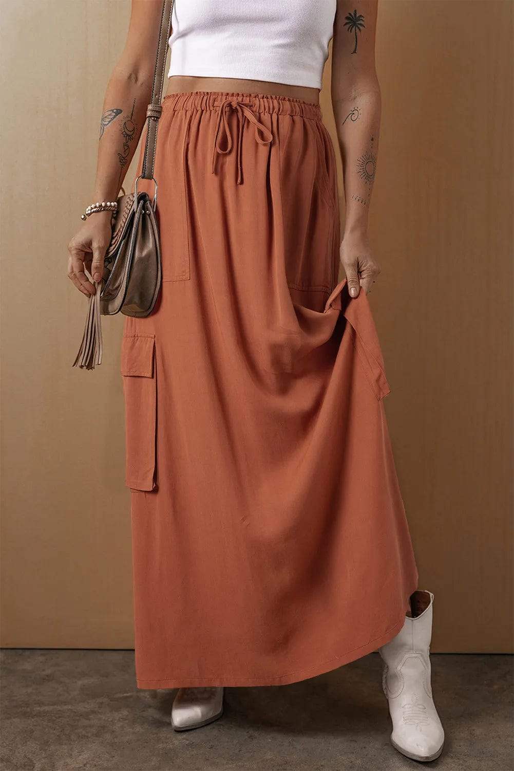 Drawstring Maxi Skirt with Pockets - Trendsi - Flyclothing LLC