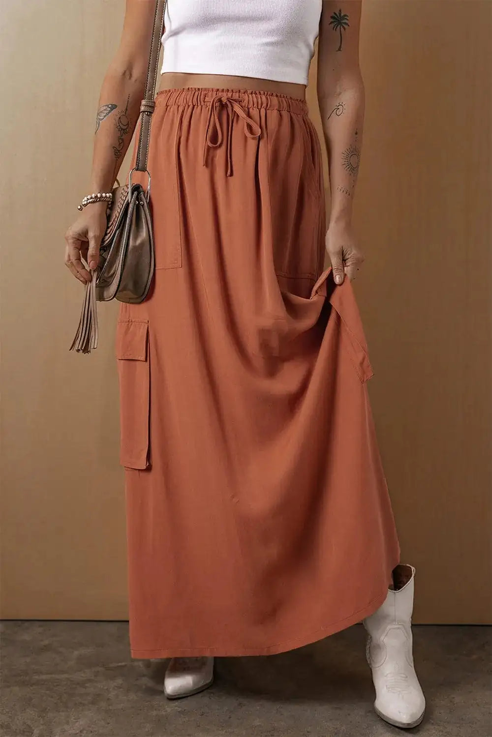 Drawstring Maxi Skirt with Pockets - Trendsi