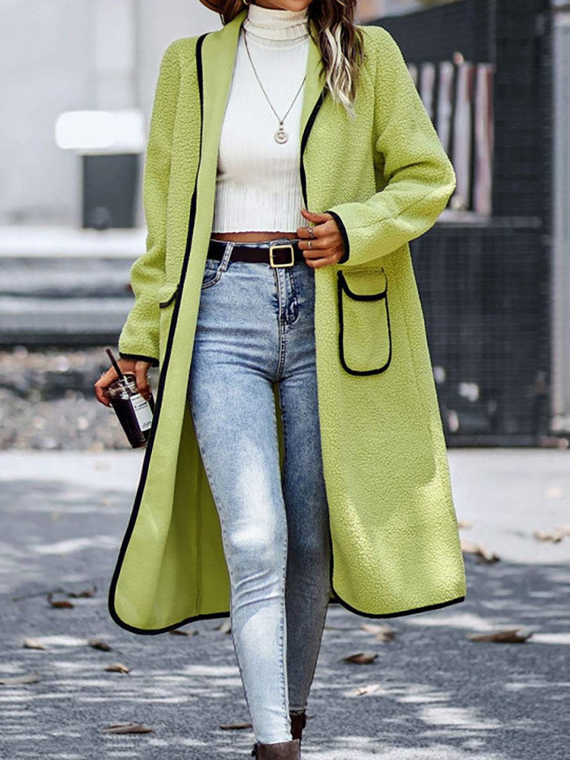 Full Size Contrast Trim Long Sleeve Coat with Pockets - Trendsi - Flyclothing LLC