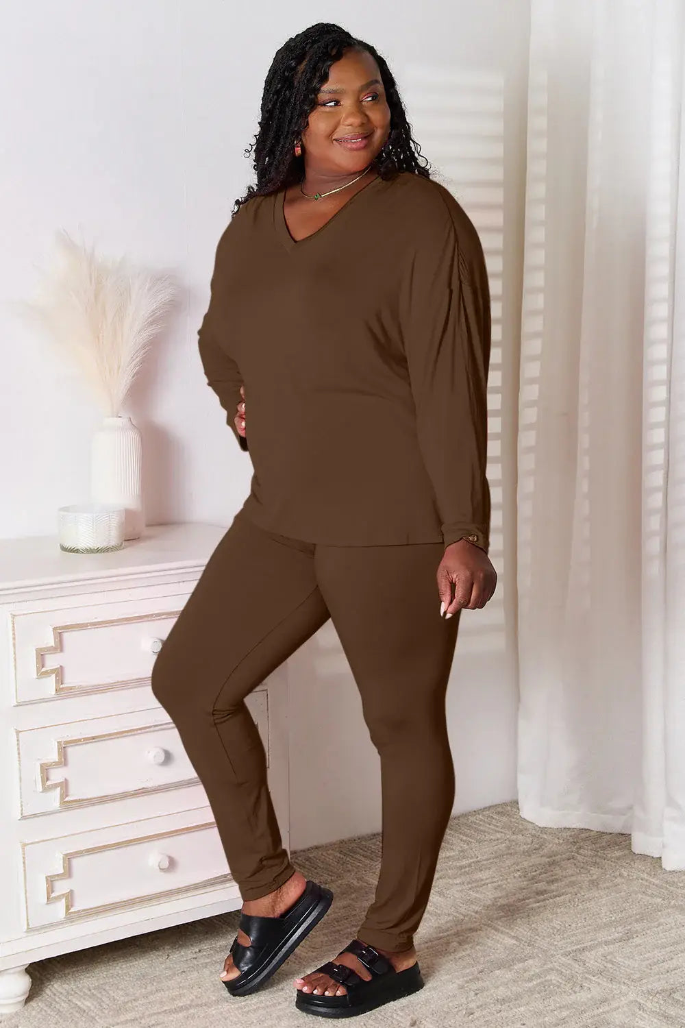Basic Bae Full Size V-Neck Soft Rayon Long Sleeve Top and Pants Lounge Set - ShopBasicbae - Flyclothing LLC