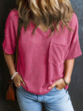 Textured V-Neck Half Sleeve T-Shirt - Trendsi