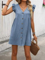 Button Up V-Neck Cap Sleeve Mini Dress - Trendsi - Flyclothing LLC