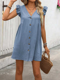 Button Up V-Neck Cap Sleeve Mini Dress - Trendsi - Flyclothing LLC