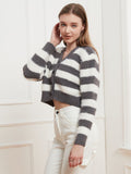 Button Down V-Neck Striped Cardigan - Trendsi