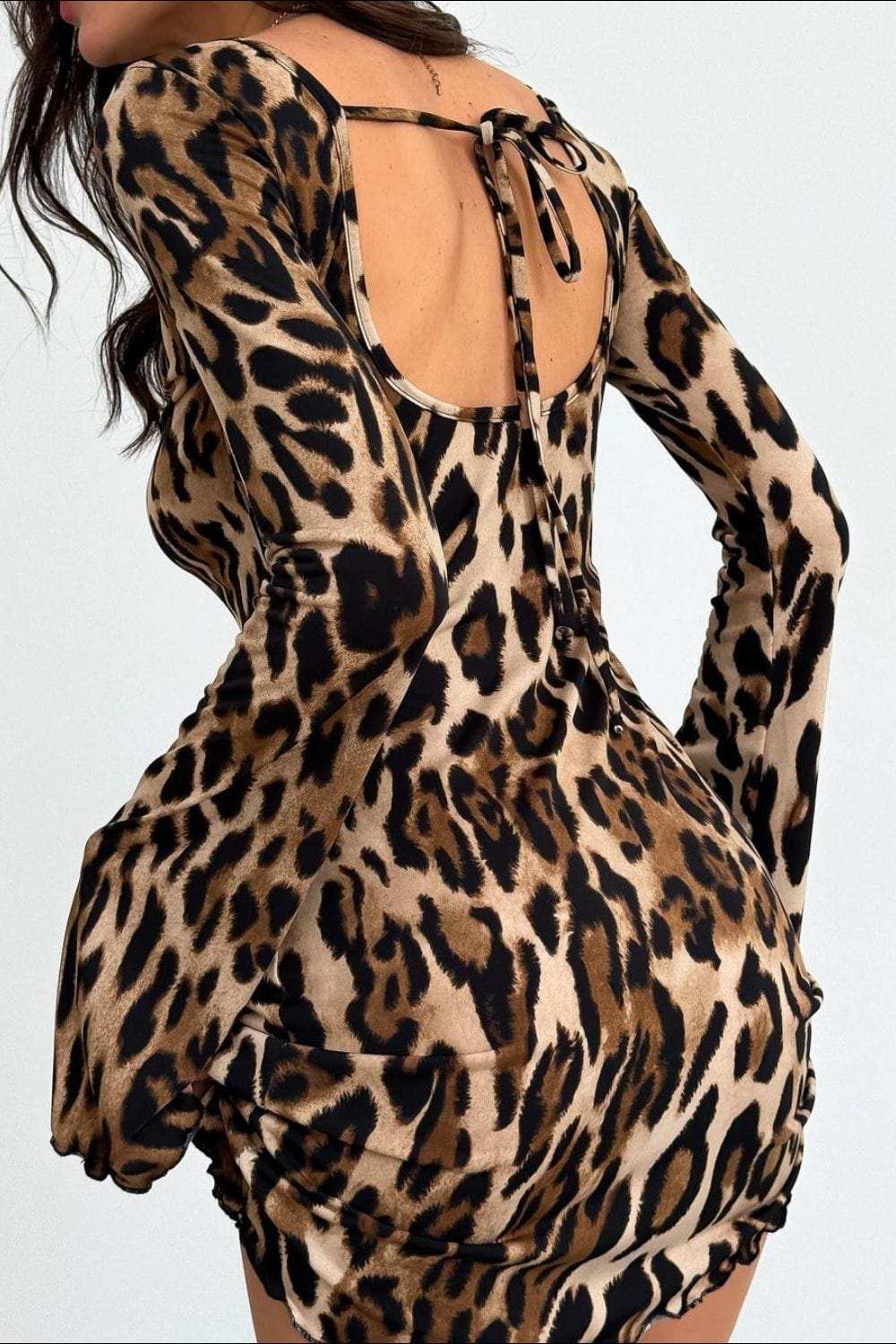 Backless Leopard Long Sleeve Mini Dress - Trendsi - Flyclothing LLC