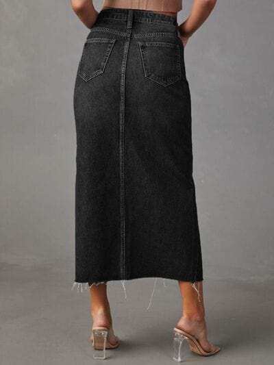 Raw Hem Front Slit Denim Midi Skirt - Trendsi - Flyclothing LLC