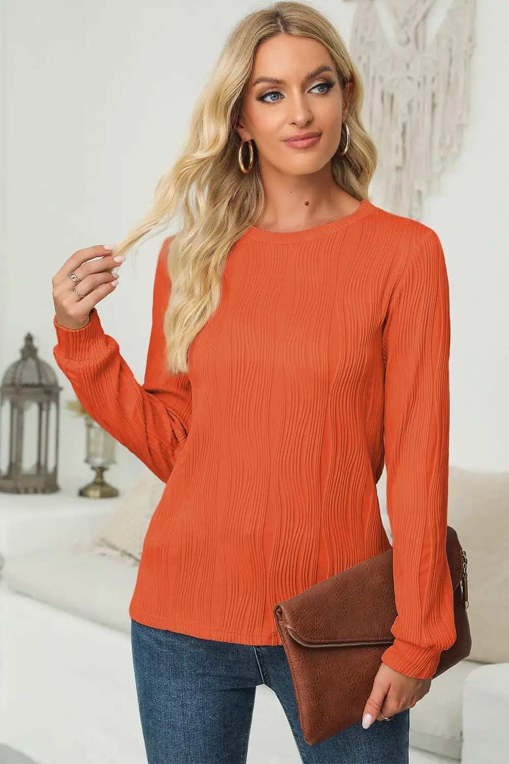 Textured Round Neck Long Sleeve Blouse - Trendsi - Flyclothing LLC
