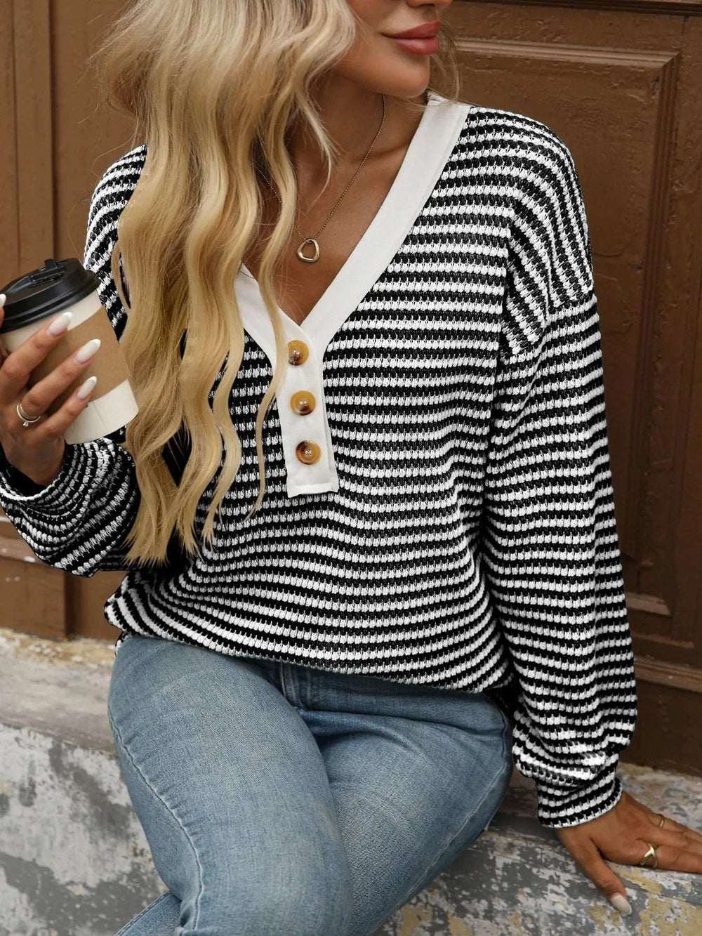 Striped V-Neck Button Front Casual Top - Trendsi - Flyclothing LLC