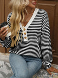 Striped V-Neck Button Front Casual Top - Trendsi - Flyclothing LLC