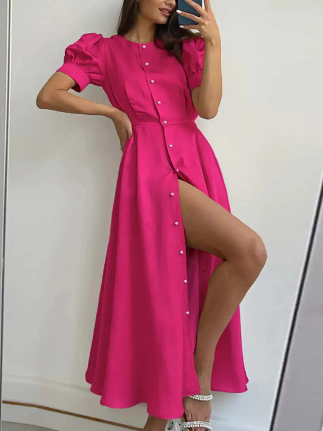 Button Down Short Sleeve Dress - Trendsi - Flyclothing LLC