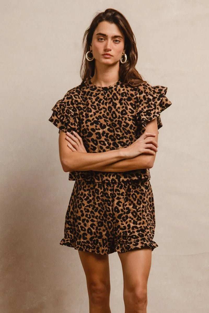BiBi Leopard Print Waffle Texture Layered Ruffle Sleeve Top and Shorts Set - Trendsi - Flyclothing LLC