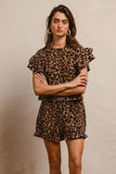 BiBi Leopard Print Waffle Texture Layered Ruffle Sleeve Top and Shorts Set - Trendsi - Flyclothing LLC