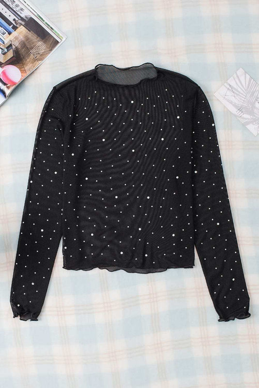 Rhinestone Round Neck Long Sleeve Blouse - Trendsi - Flyclothing LLC