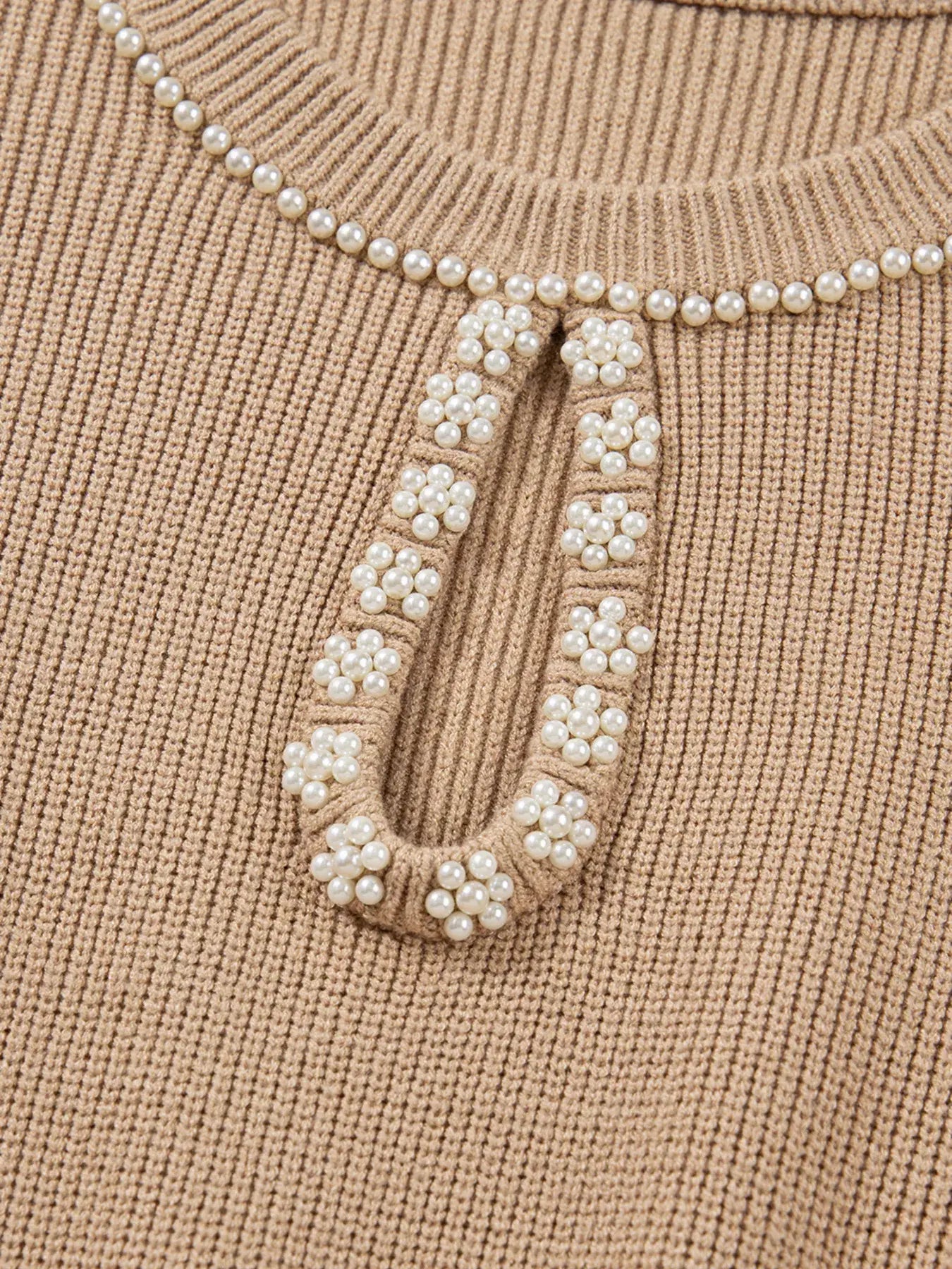 Pearl Embellished Keyhole Ribbed Sweater Dress - Trendsi - Flyclothing LLC