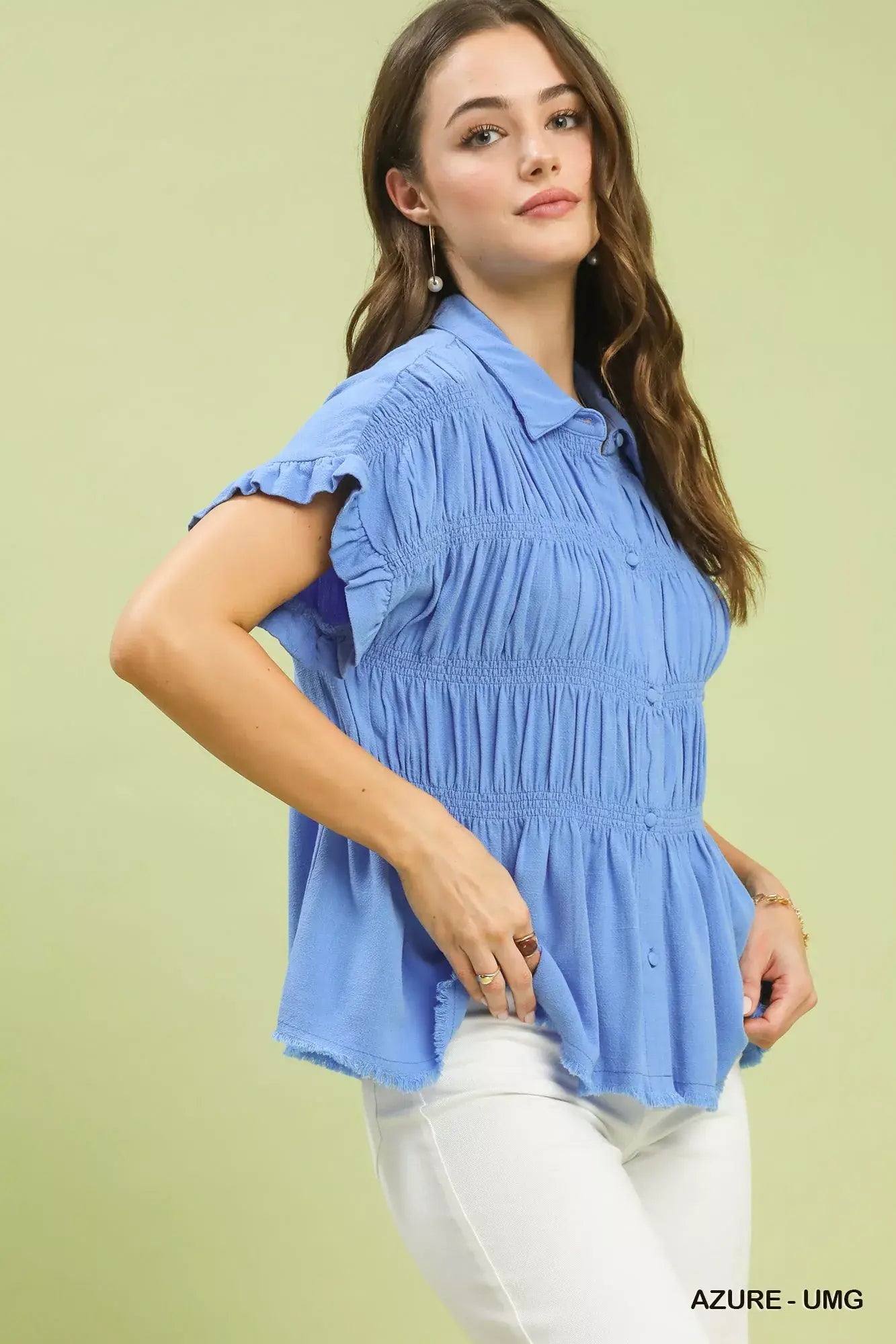 Umgee Washed Linen Blend Smocked Shirt - Trendsi - Flyclothing LLC