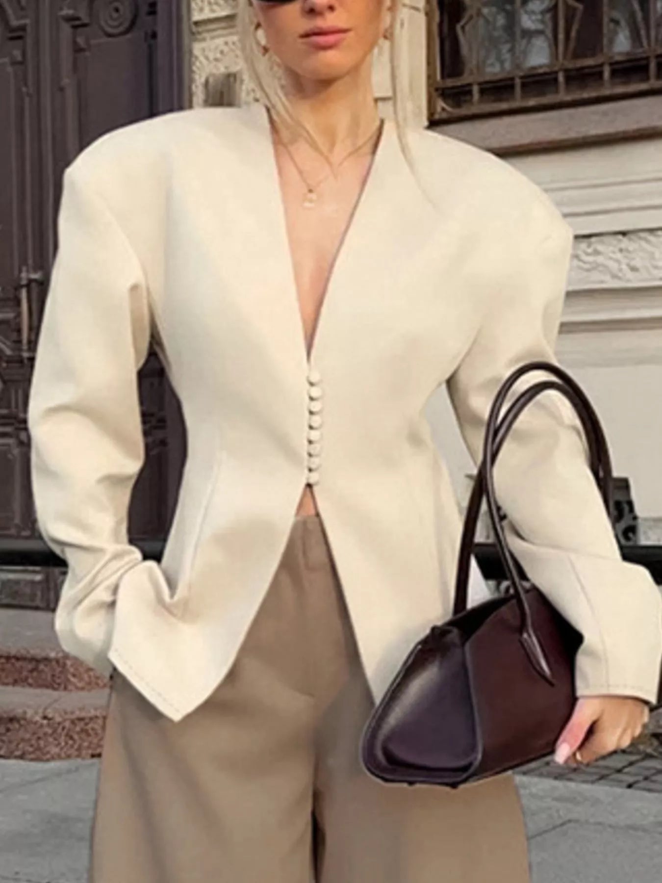 V-Neck Button-Up Blazer with Structured Shoulders - Trendsi - Flyclothing LLC