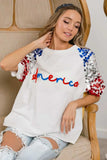 BiBi America Letter Applique Spangle Puff Sleeves Top - Trendsi - Flyclothing LLC
