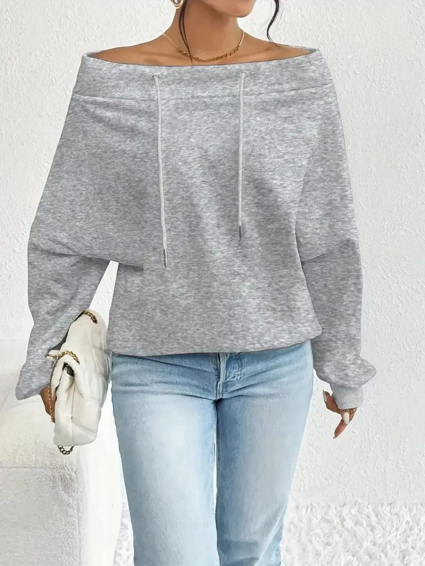 Off-Shoulder Drawstring Sweatshirt - Trendsi - Flyclothing LLC