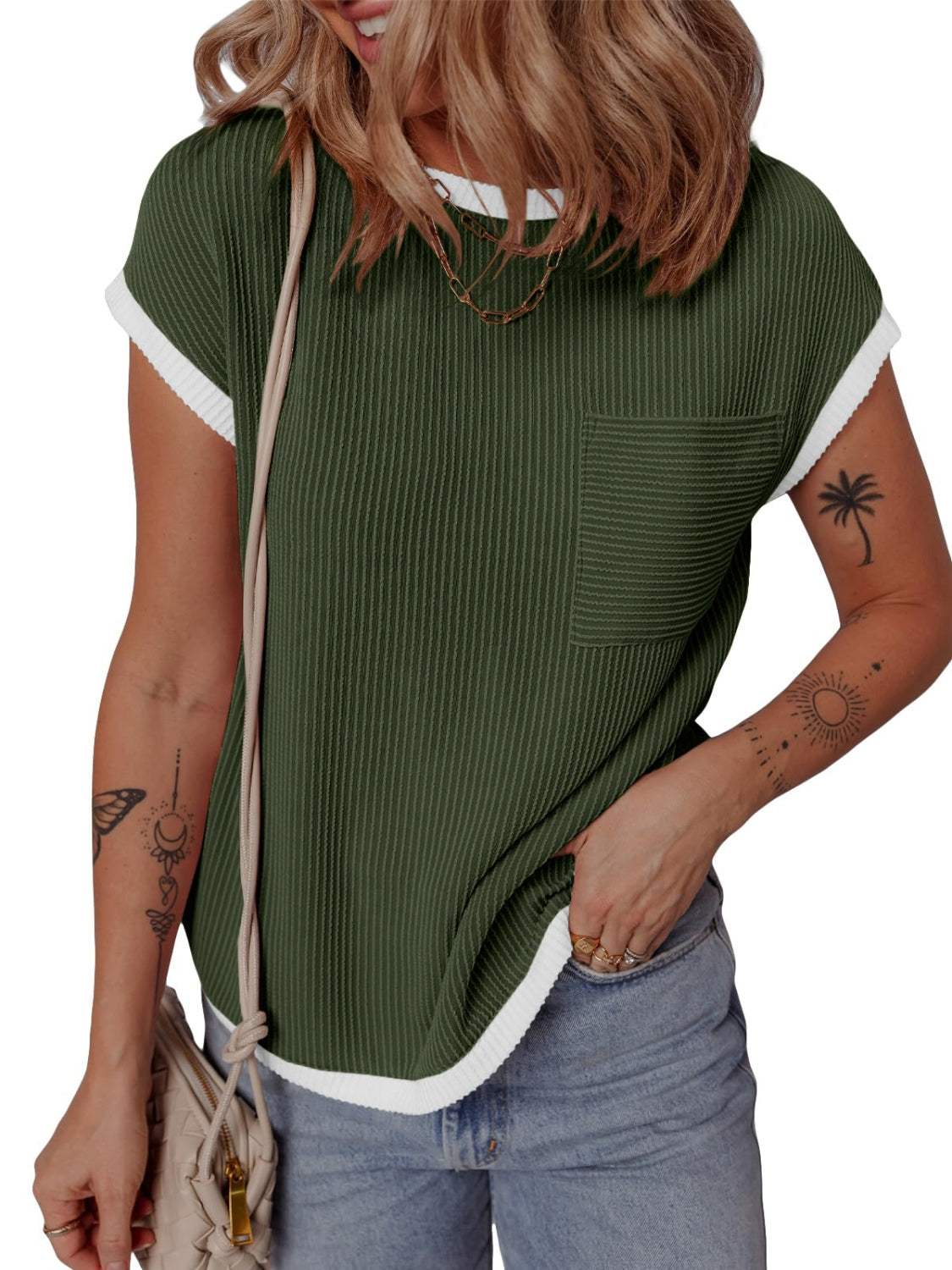 Contrast Trim Round Neck Short Sleeve T-Shirt - Trendsi - Flyclothing LLC