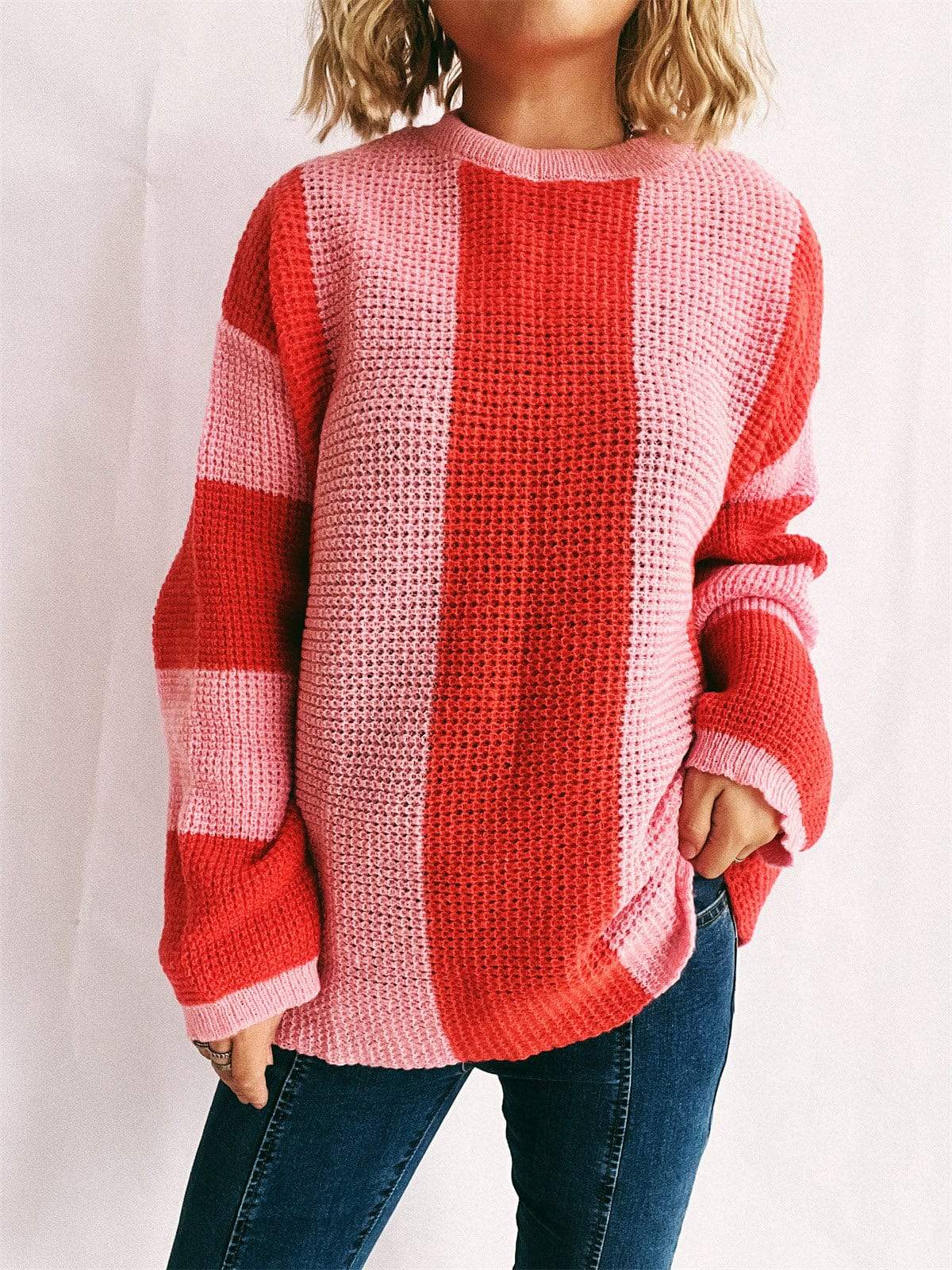 Color Block Round Neck Long Sleeve Sweater - Trendsi - Flyclothing LLC