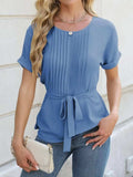 Tied Pleated Round Neck Short Sleeve Top - Trendsi - Flyclothing LLC
