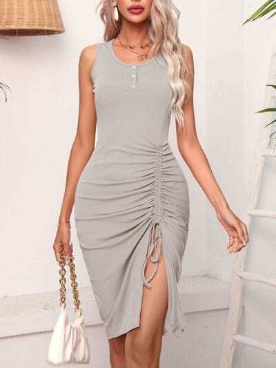 Ruched Drawstring Slit Tank Dress - Trendsi - Flyclothing LLC