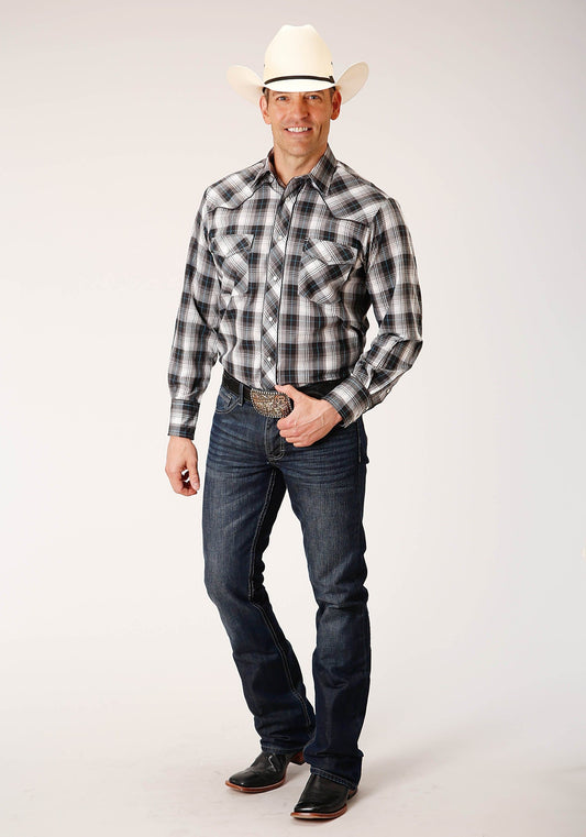 Roper Mens Long Sleeve Snap White Black Grey Plaid Western Shirt - Roper