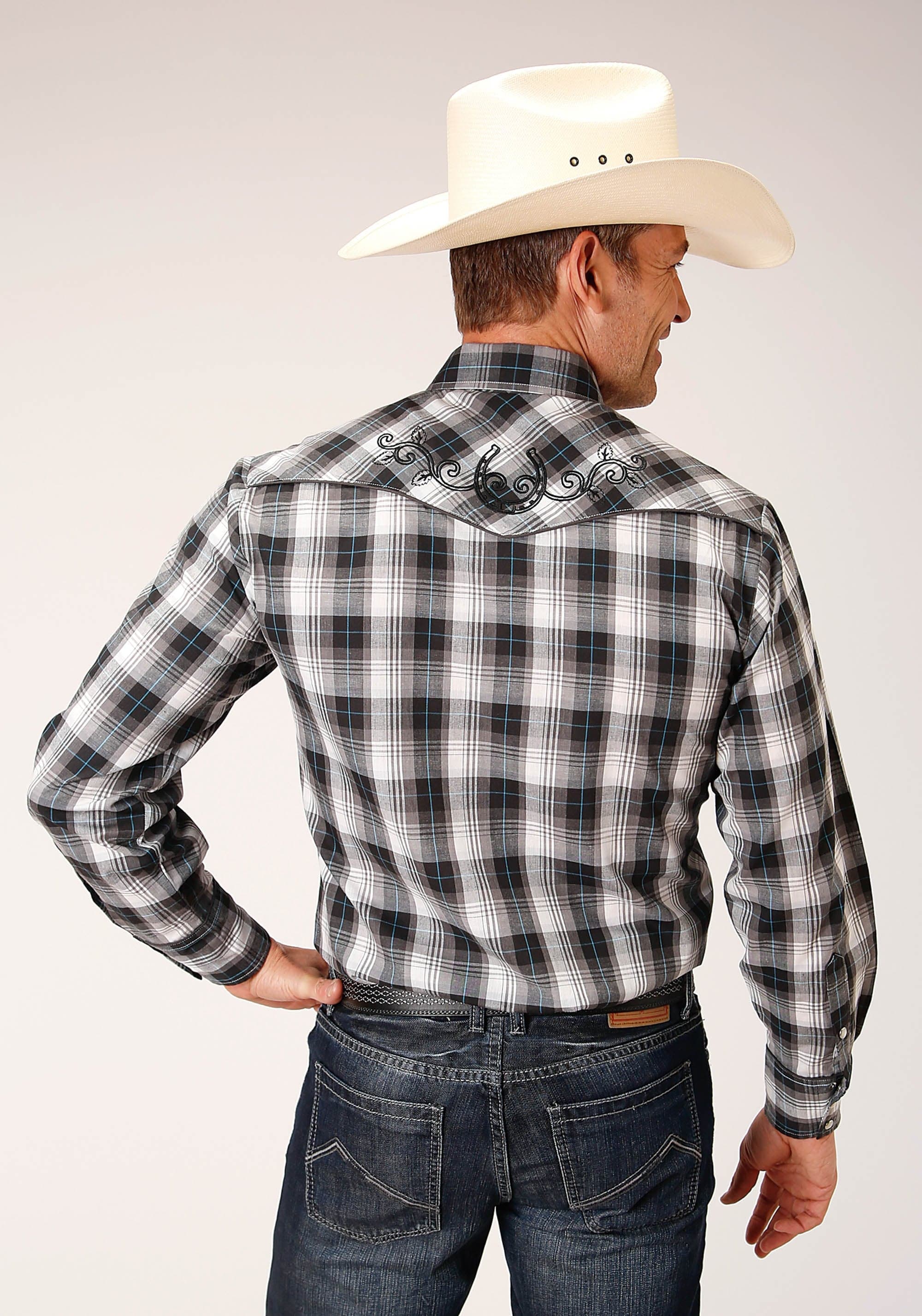 Roper Mens Long Sleeve Snap White Black Grey Plaid Western Shirt - Roper