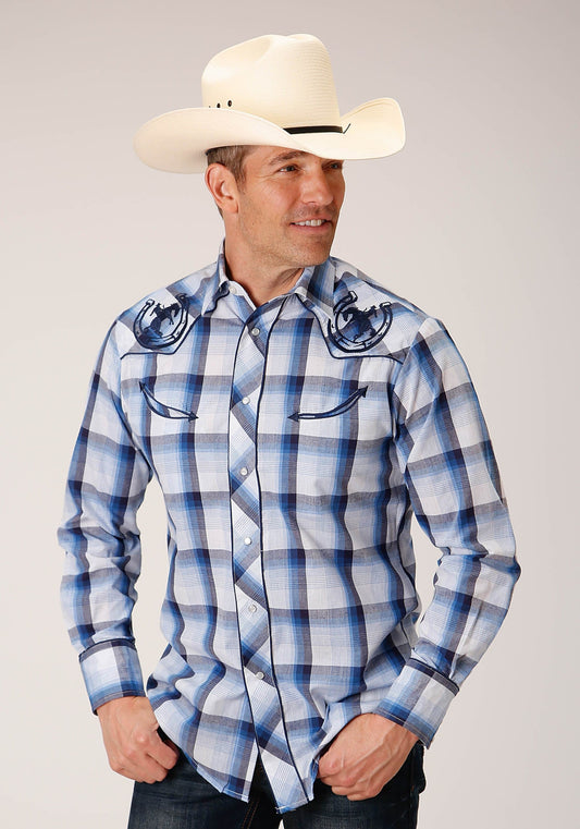 Roper Mens Long Sleeve Snap Multi Blue White Plaid Western Shirt - Roper