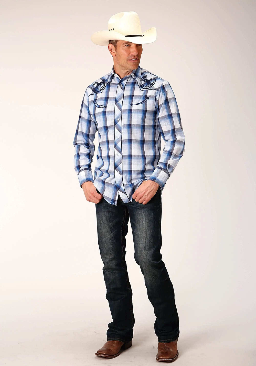 Roper Mens Long Sleeve Snap Multi Blue White Plaid Western Shirt - Roper - Flyclothing LLC