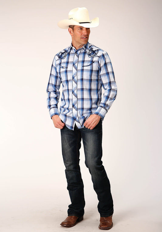 Roper Mens Long Sleeve Snap Multi Blue White Plaid Western Shirt - Roper