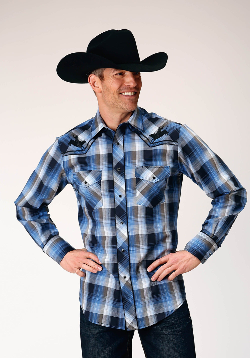 Roper Mens Long Sleeve Snap Blue Black White Plaid Western Shirt With Piping On Front And Back Yokes Embroidery On Front Yokes - Roper