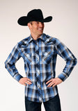 Roper Mens Long Sleeve Snap Blue Black White Plaid Western Shirt With Piping On Front And Back Yokes Embroidery On Front Yokes - Roper