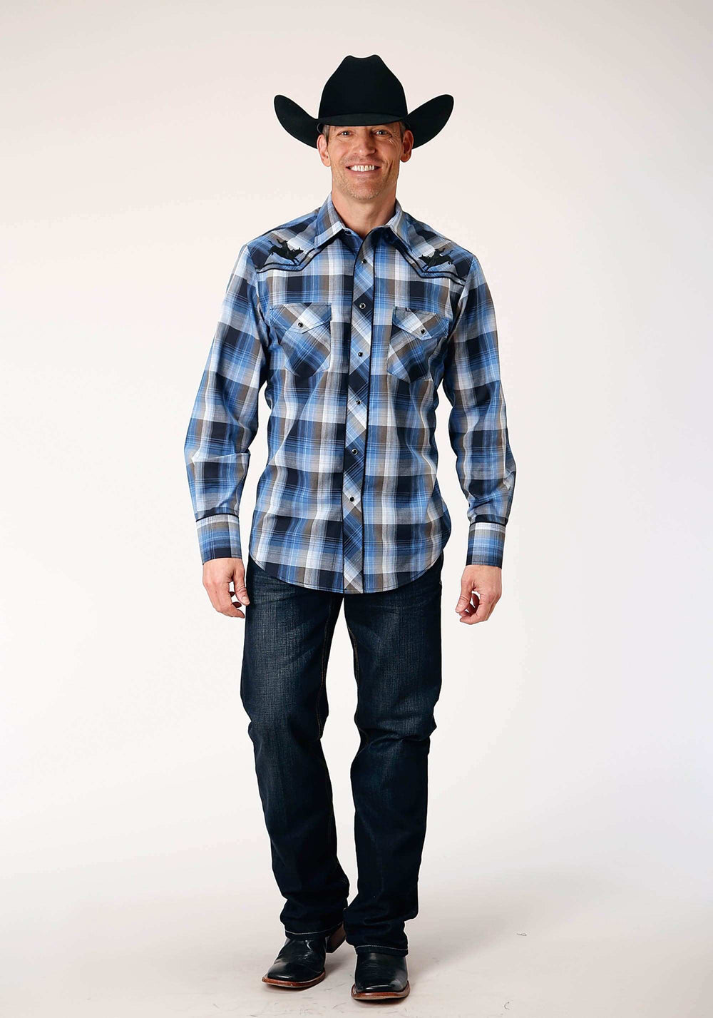 Roper Mens Long Sleeve Snap Blue Black White Plaid Western Shirt With Piping On Front And Back Yokes Embroidery On Front Yokes - Roper - Flyclothing LLC