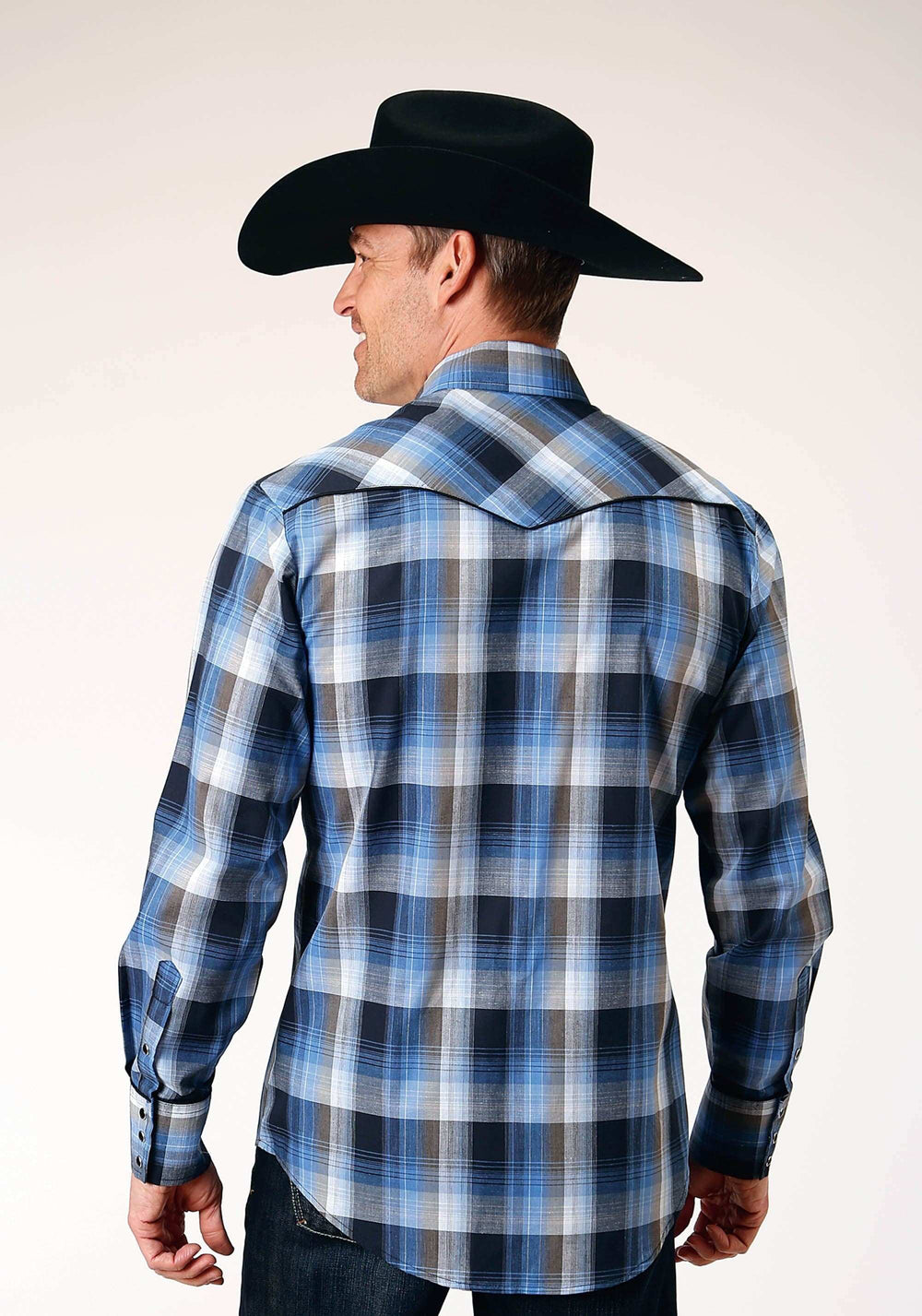 Roper Mens Long Sleeve Snap Blue Black White Plaid Western Shirt With Piping On Front And Back Yokes Embroidery On Front Yokes - Roper - Flyclothing LLC