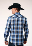 Roper Mens Long Sleeve Snap Blue Black White Plaid Western Shirt With Piping On Front And Back Yokes Embroidery On Front Yokes - Roper